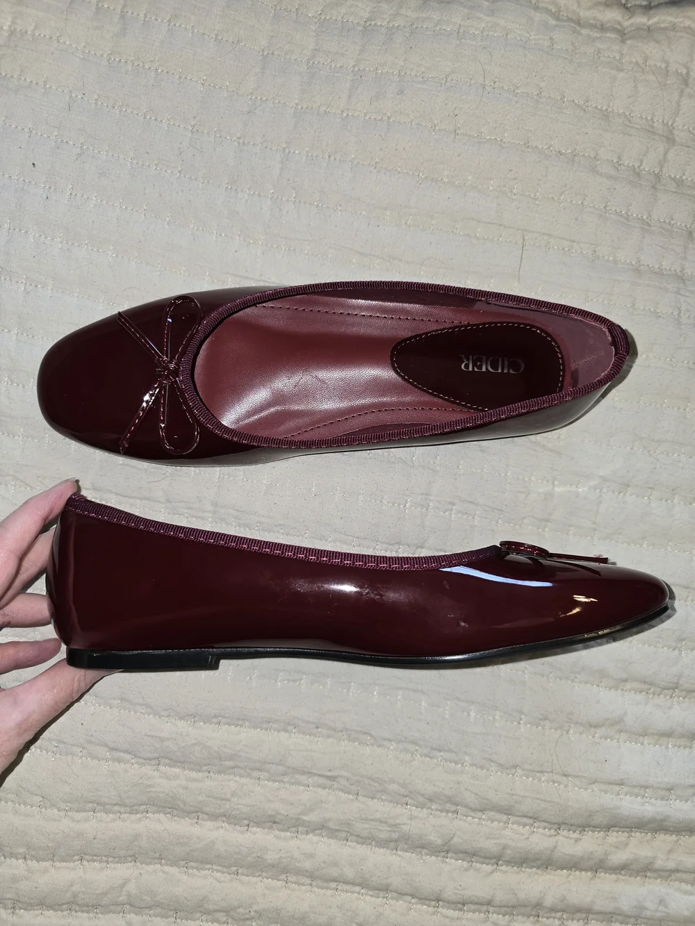 Wine Square Toe Flats With Bow Detail. Adorable Shoe With Patent Finish.
